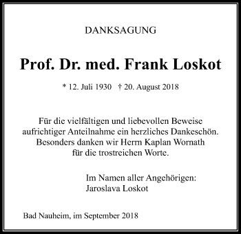 Traueranzeige von Frank Loskot von Wetterauer Zeitung, Wetterauer Zeitung