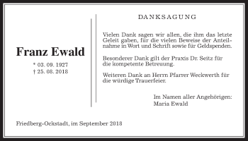 Traueranzeige von Franz Ewald von Wetterauer Zeitung, Wetterauer Zeitung
