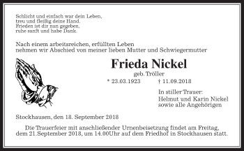 Traueranzeige von Frieda Nickel von Giessener Allgemeine, Alsfelder Allgemeine