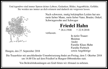 Traueranzeige von Friedel Hahn von Licher Wochenblatt, Licher Wochenblatt, Licher Wochenblatt