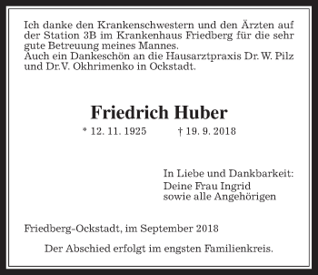 Traueranzeige von Friedrich Huber von Wetterauer Zeitung, Wetterauer Zeitung