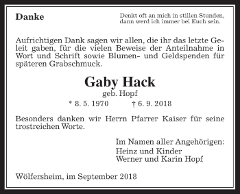 Traueranzeige von Gaby Hack von Wetterauer Zeitung, Wetterauer Zeitung