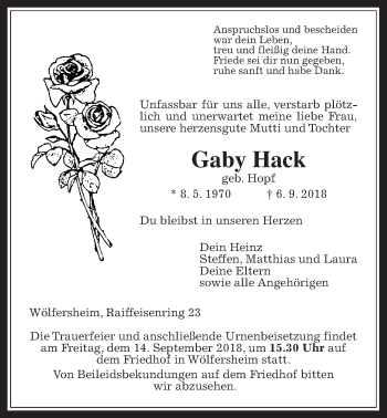 Traueranzeige von Gaby Hack von Wetterauer Zeitung, Wetterauer Zeitung