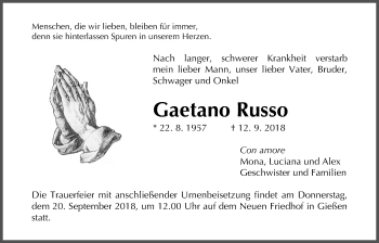 Traueranzeige von Gaetano Russo von Giessener Allgemeine, Alsfelder Allgemeine