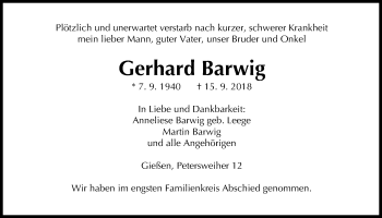 Traueranzeige von Gerhard Barwig von Giessener Allgemeine, Alsfelder Allgemeine