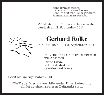 Traueranzeige von Gerhard Rolke von Wetterauer Zeitung, Wetterauer Zeitung