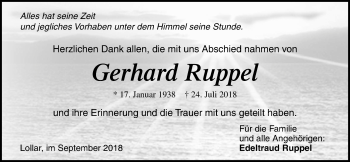 Traueranzeige von Gerhard Ruppel von Giessener Allgemeine, Alsfelder Allgemeine