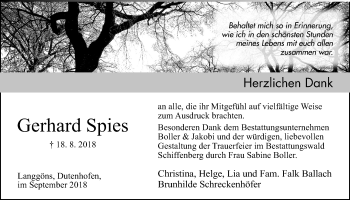 Traueranzeige von Gerhard Spies von Giessener Allgemeine, Alsfelder Allgemeine