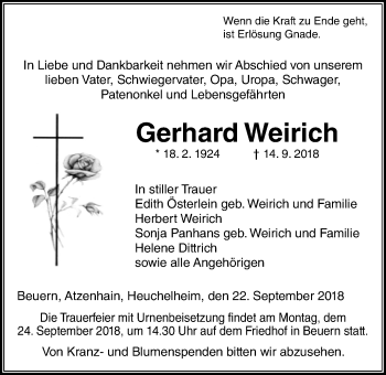 Traueranzeige von Gerhard Weirich von Giessener Allgemeine, Alsfelder Allgemeine