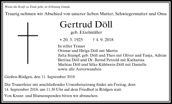 Traueranzeige von Gertrud Döll von Giessener Allgemeine, Alsfelder Allgemeine