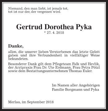 Traueranzeige von Gertrud Dorothea Pyka von Mücker Stimme