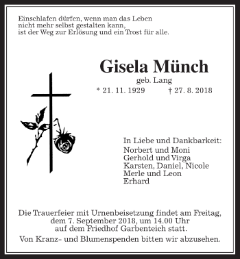 Traueranzeige von Gisela Münch von Giessener Allgemeine, Alsfelder Allgemeine