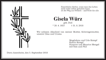 Traueranzeige von Gisela Würz von Wetterauer Zeitung, Wetterauer Zeitung
