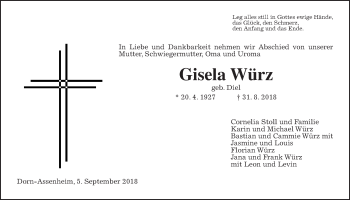 Traueranzeige von Gisela Würz von Wetterauer Zeitung, Wetterauer Zeitung