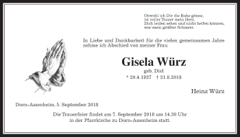 Traueranzeige von Gisela Würz von Wetterauer Zeitung, Wetterauer Zeitung