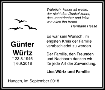 Traueranzeige von Günter Würtz von Licher Wochenblatt, Licher Wochenblatt, Licher Wochenblatt