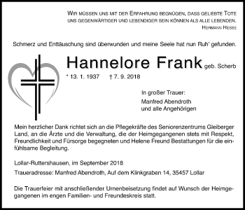 Traueranzeige von Hannelore Frank von Giessener Allgemeine, Alsfelder Allgemeine