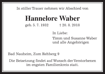Traueranzeige von Hannelore Waber von Wetterauer Zeitung, Wetterauer Zeitung