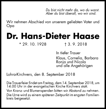 Traueranzeige von Hans-Dieter Haase von Giessener Allgemeine, Alsfelder Allgemeine