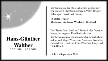 Traueranzeige von Hans-Günther Walther von Licher Wochenblatt, Licher Wochenblatt, Licher Wochenblatt