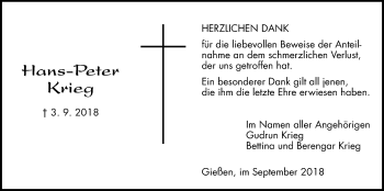 Traueranzeige von Hans-Peter Krieg von Giessener Allgemeine, Alsfelder Allgemeine