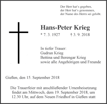 Traueranzeige von Hans-Peter Krieg von Giessener Allgemeine, Alsfelder Allgemeine
