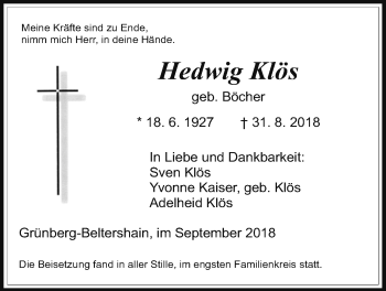 Traueranzeige von Hedwig Klös von Giessener Allgemeine, Alsfelder Allgemeine