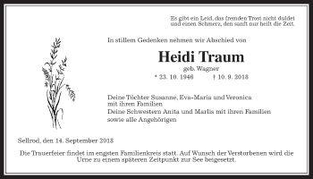 Traueranzeige von Heidi Traum von Alsfelder Allgemeine