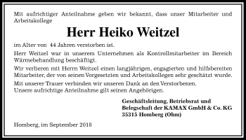 Traueranzeige von Heiko Weitzel von Alsfelder Allgemeine