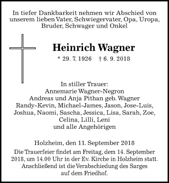 Traueranzeige von Heinrich Wagner von Giessener Allgemeine, Alsfelder Allgemeine