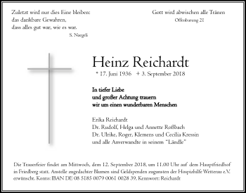 Traueranzeige von Heinz Reichardt von Wetterauer Zeitung, Wetterauer Zeitung