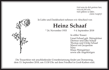 Traueranzeige von Heinz Schaaf von Wetterauer Zeitung