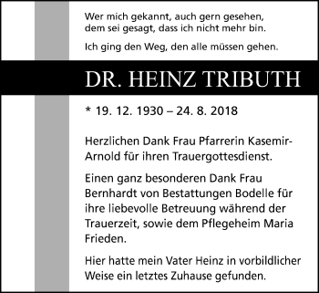Traueranzeige von Heinz Tributh von Giessener Allgemeine, Alsfelder Allgemeine