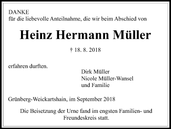 Traueranzeige von Heinz Hermann Müller von Giessener Allgemeine, Alsfelder Allgemeine