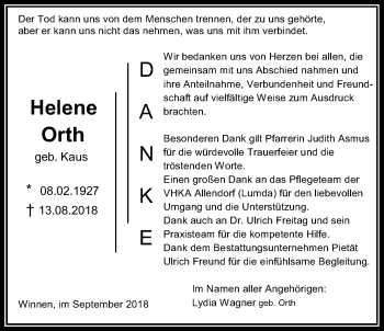 Traueranzeige von Helene Orth von Allendorfer Mitteilungen, Rabenauer Zeitung