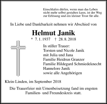 Traueranzeige von Helmut Janik von Giessener Allgemeine, Alsfelder Allgemeine