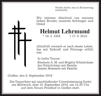 Traueranzeige von Helmut Lehrmund von Giessener Allgemeine, Alsfelder Allgemeine