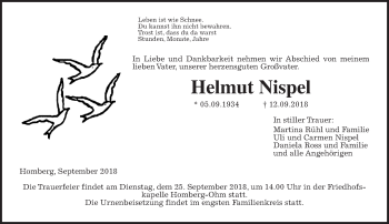 Traueranzeige von Helmut Nispel von Alsfelder Allgemeine
