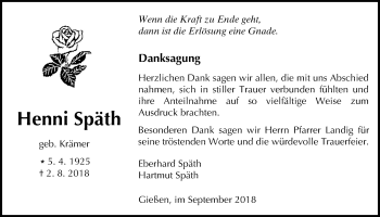 Traueranzeige von Henni Späth von Giessener Allgemeine, Alsfelder Allgemeine