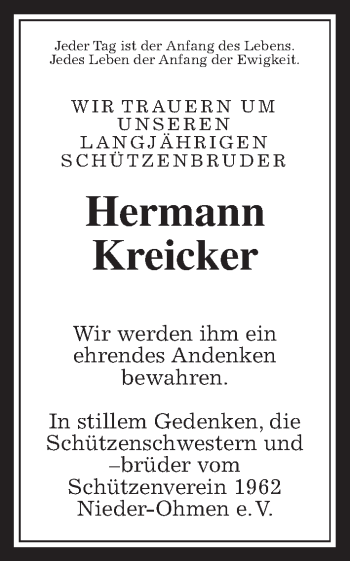 Traueranzeige von Hermann Kreicker von Alsfelder Allgemeine