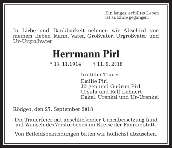 Traueranzeige von Hermann Pirl von Wetterauer Zeitung, Wetterauer Zeitung