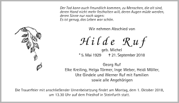 Traueranzeige von Hilde Ruf von Wetterauer Zeitung, Wetterauer Zeitung