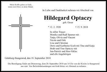 Traueranzeige von Hildegard Optaczy von Giessener Allgemeine, Alsfelder Allgemeine
