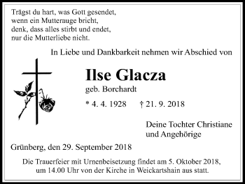 Traueranzeige von Ilse Glacza von Giessener Allgemeine, Alsfelder Allgemeine