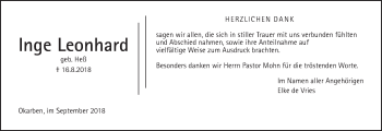 Traueranzeige von Inge Leonhard von Wetterauer Zeitung, Wetterauer Zeitung