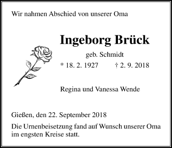 Traueranzeige von Ingeborg Brück von Giessener Allgemeine, Alsfelder Allgemeine