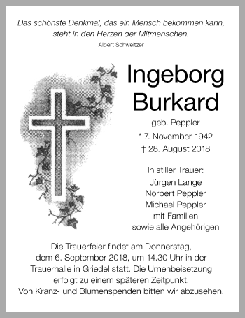 Traueranzeige von Ingeborg Burkard von Wetterauer Zeitung, Wetterauer Zeitung