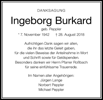 Traueranzeige von Ingeborg Burkard von Wetterauer Zeitung, Wetterauer Zeitung