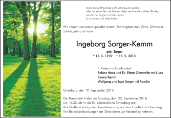 Traueranzeige von Ingeborg Sorger-Kemm von Wetterauer Zeitung, Wetterauer Zeitung