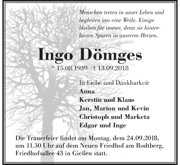 Traueranzeige von Ingo Dömges von Giessener Allgemeine, Alsfelder Allgemeine